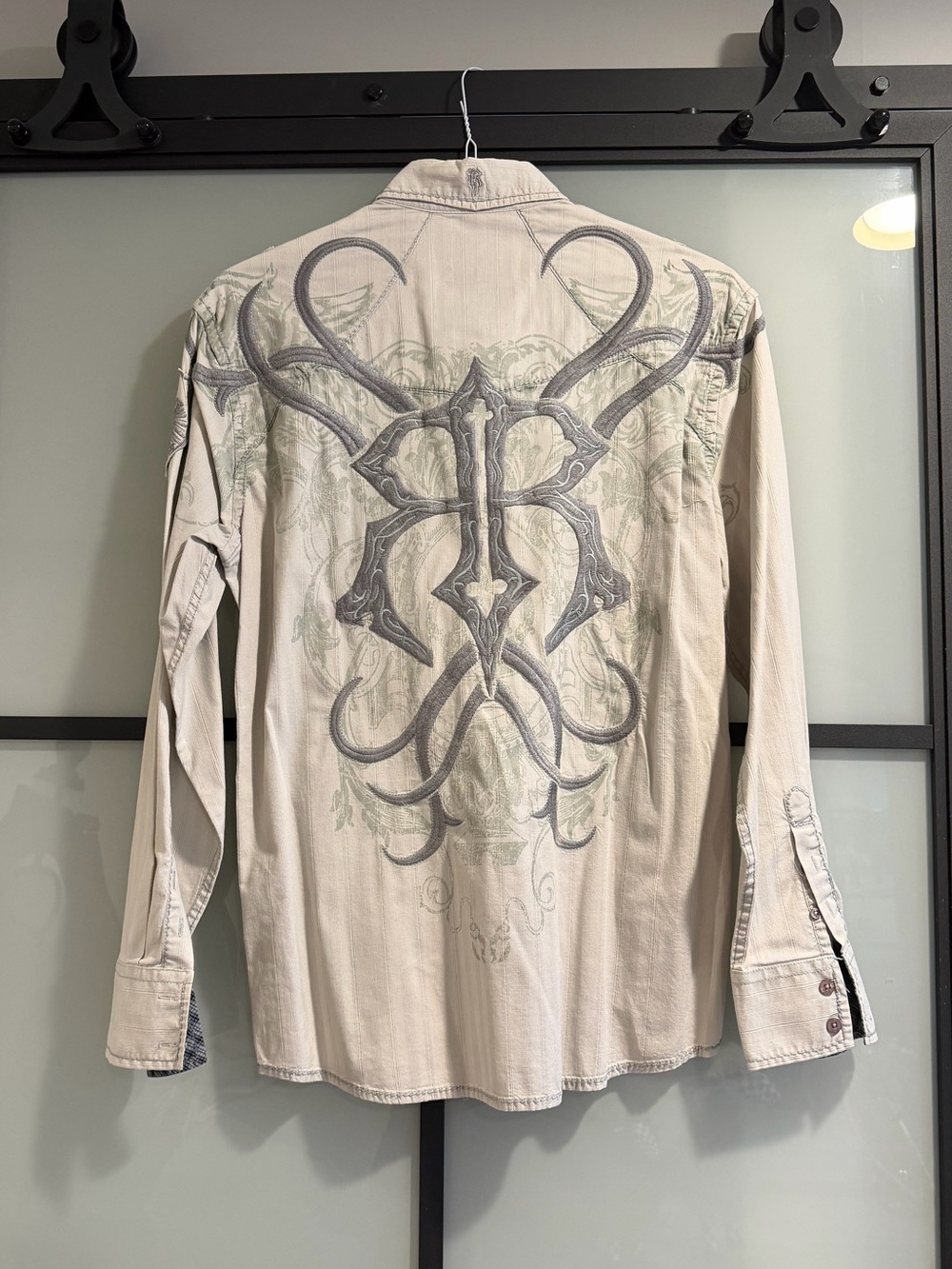 Roar Beige Button-Down Shirt with Ornate Gray Back Graphic
